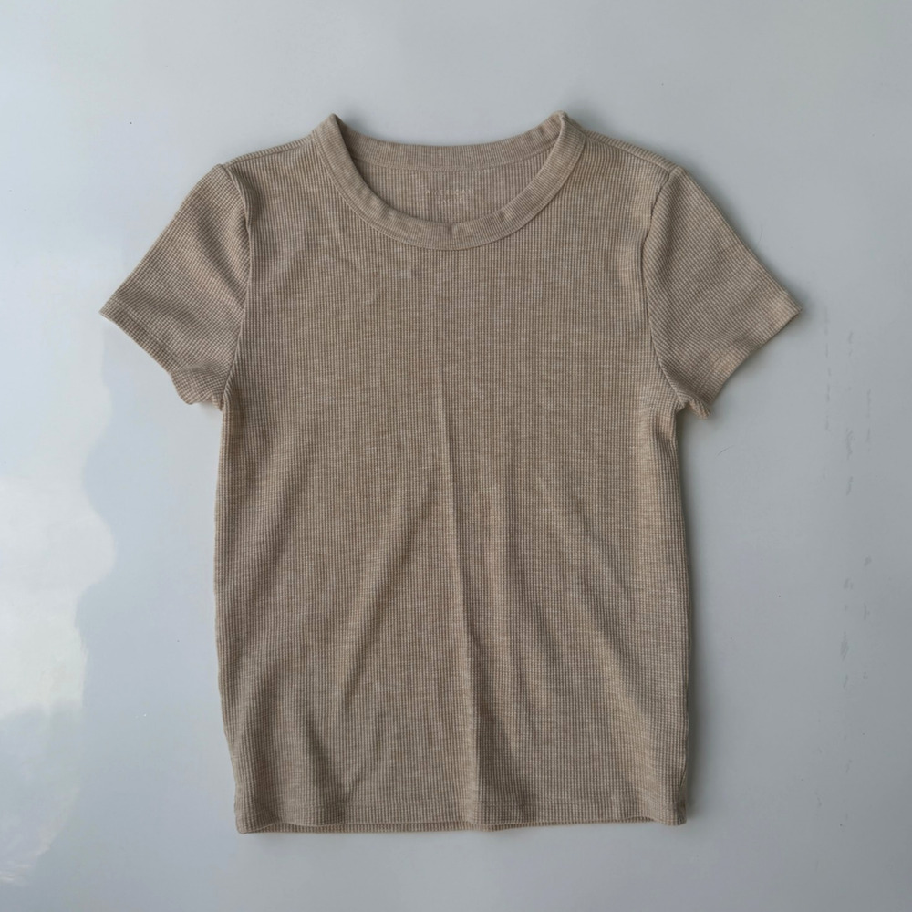 American Eagle Ribbed T-Shirt Women's Medium Grey Olive Crew Neck Short Sleeve